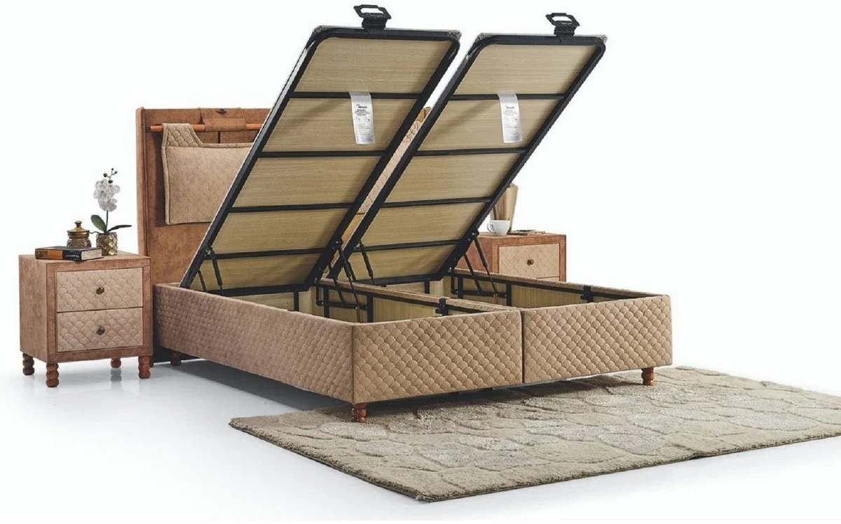 Luxury Double Bed Beige / Brown - Modern Solid Wood Bed - Modern Bedroom & Hotel Furniture - Luxury Collection