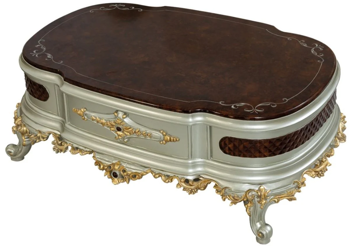 Luxury baroque coffee table dark brown / silver / gold 132 x 95 x H. 50 cm - magnificent solid wood living room table - baroque furniture