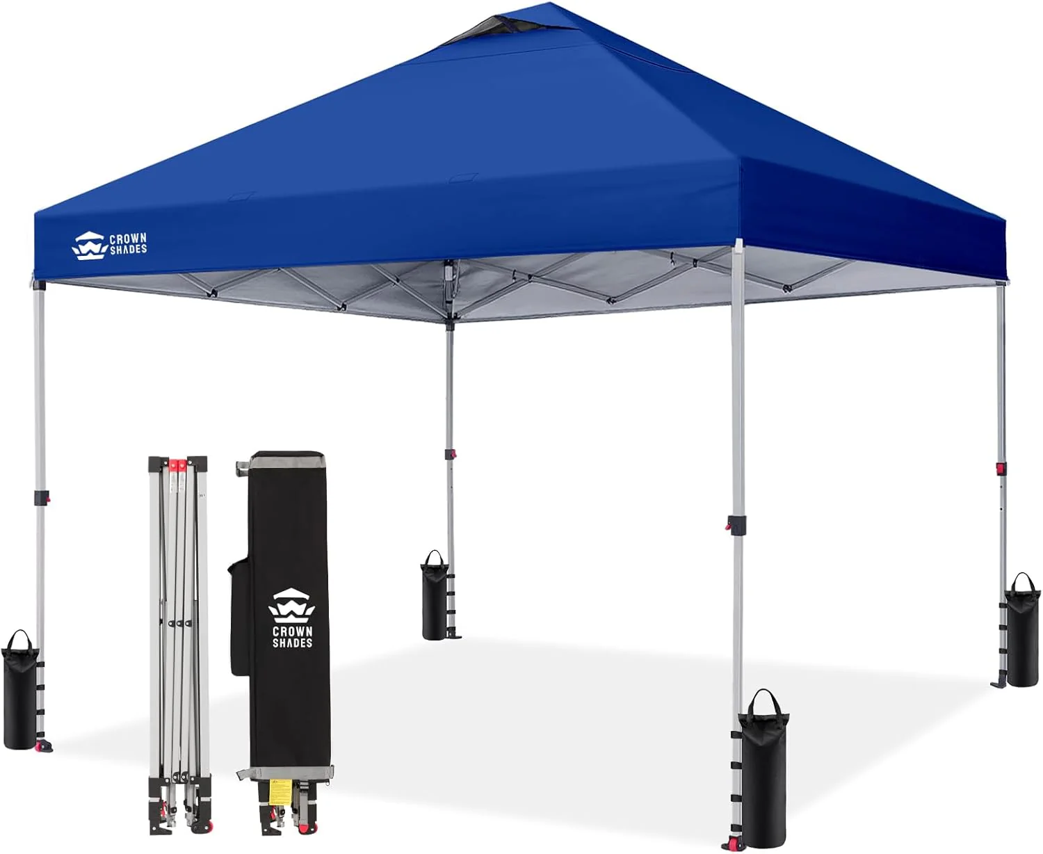 Crown Shades 10x10 Pop Up Canopy - Beach Tent with One Push Setup - Outdoor Sun Shade for Events, Parties, Camping - Gazebo with STO-N-Go Cover Bag, Silver Coated Top, 3 Height& 4 Sand Bags, Yellow