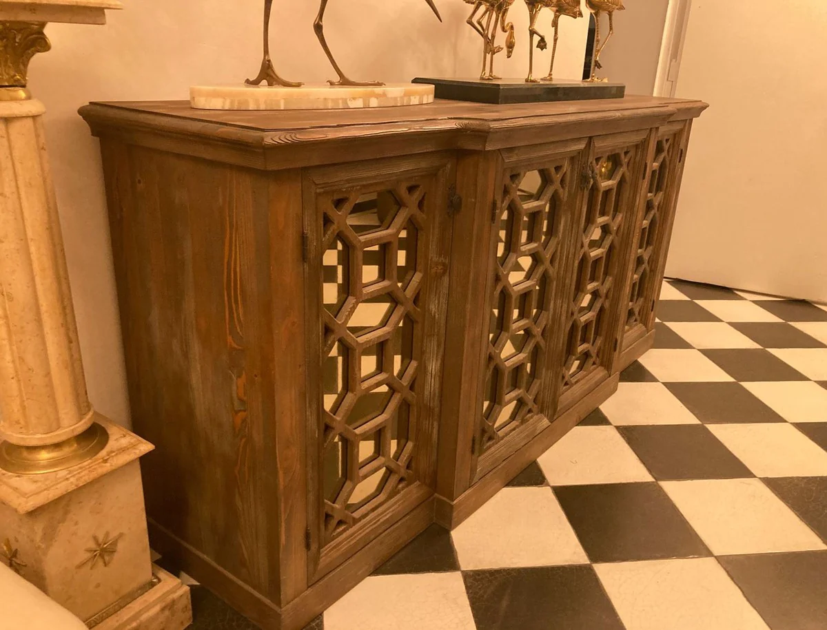 Country house style sideboard antique brown 210 x 50 x H. 100 cm - solid wood cabinet with 4 mirrored doors - country house style furniture