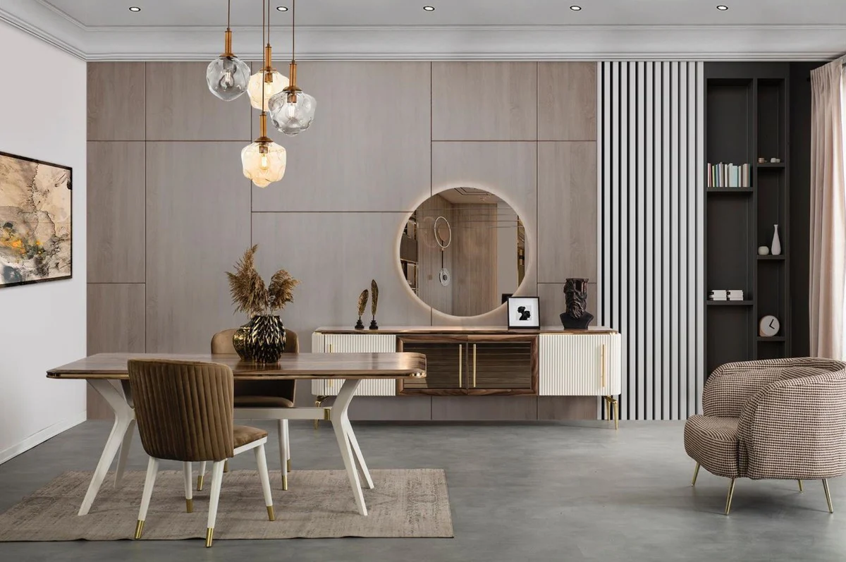 Luxury Art Deco Dining Room Set Brown / White / Gold - 1 Dining Room Table & 6 Dining Chairs - Art Deco Dining Room Furniture