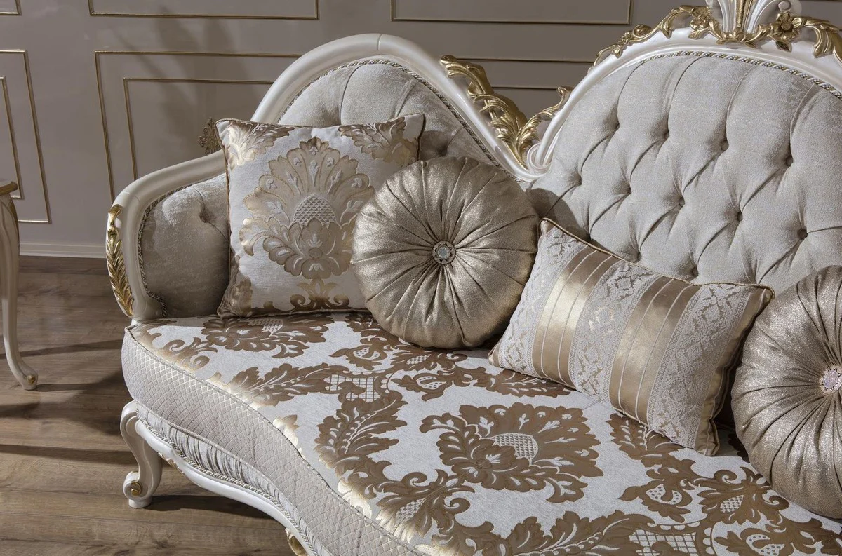 Luxury Baroque sofa gray / white / gold 220 x 80 x H. 124 cm - Magnificent living room sofa with decorative pillows - Baroque furniture